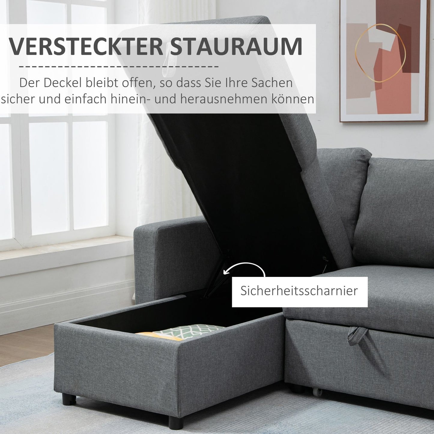 Corner sofa bed, Storage, L-Shape, Linen Touch, Light grey