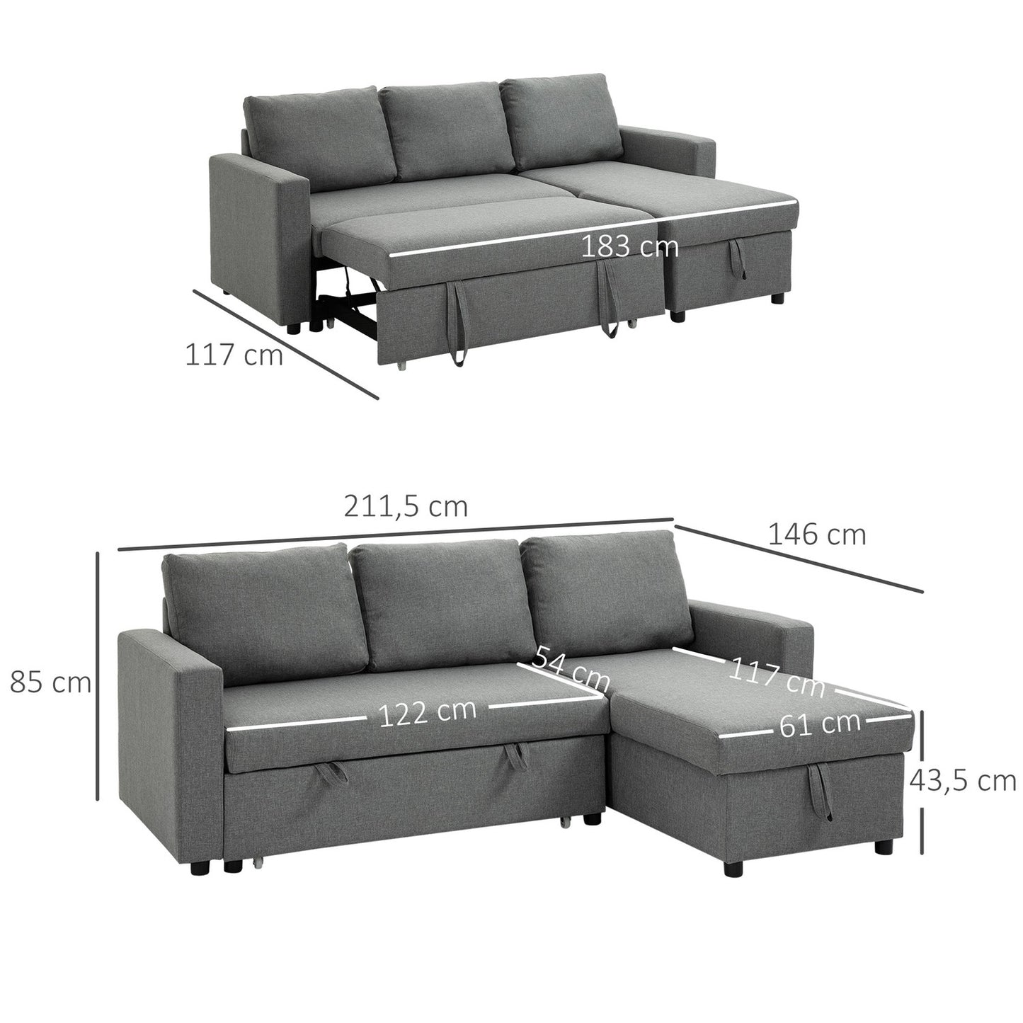 Corner sofa bed, Storage, L-Shape, Linen Touch, Light grey