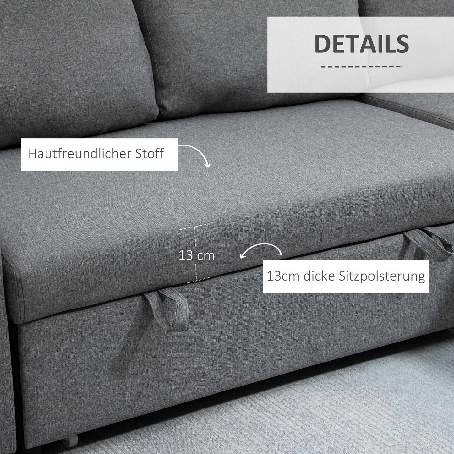 Corner sofa bed, Storage, L-Shape, Linen Touch, Light grey