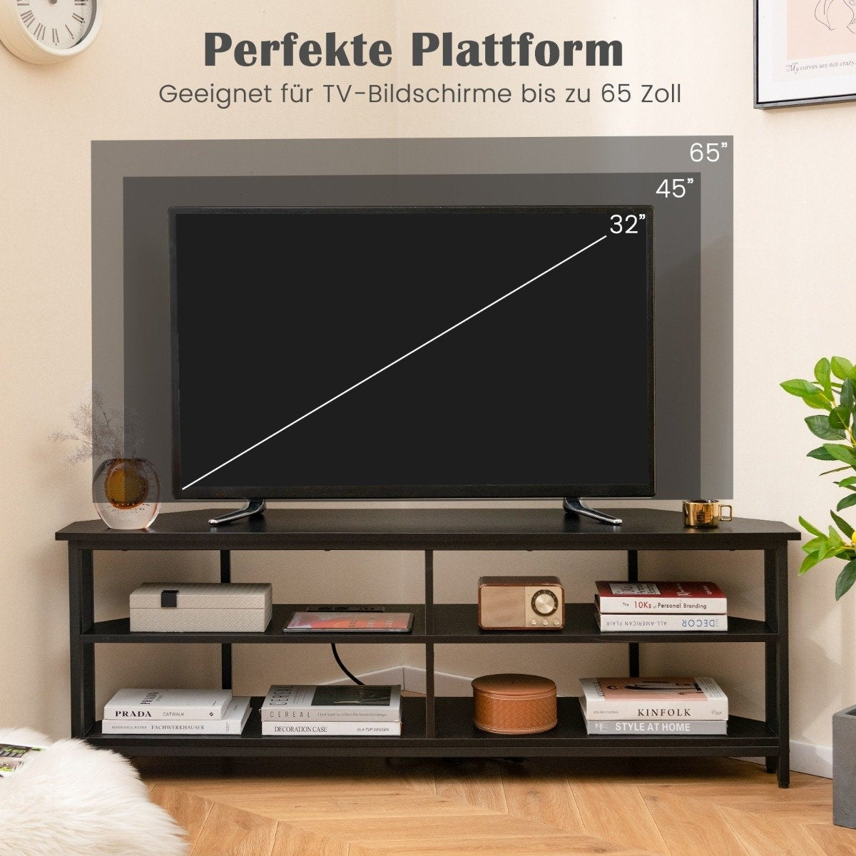 Corner TV Cabinet with Charging Station &amp; Shelves TV lowboard for TVs up to 65 inch TV cabinet black