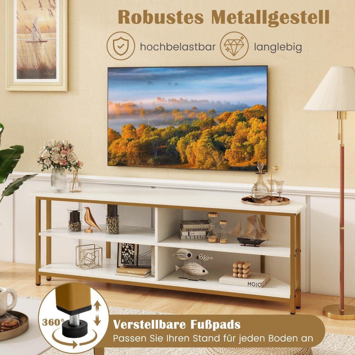 Corner TV Cabinet with Charging Station &amp; Shelves TV lowboard for TVs up to 65 inch TV cabinet white