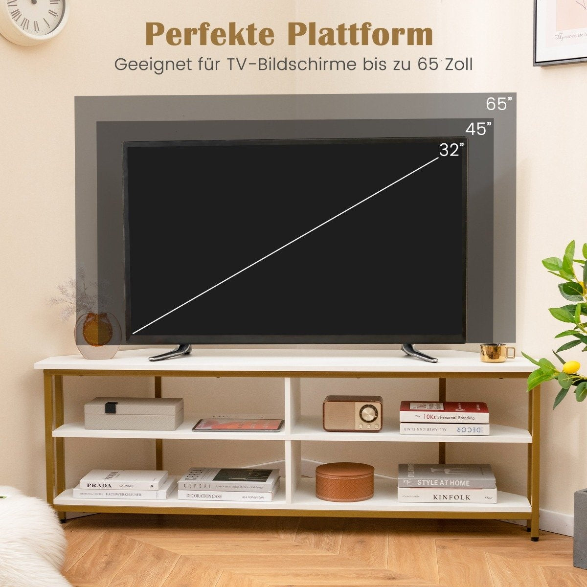 Corner TV Cabinet with Charging Station &amp; Shelves TV lowboard for TVs up to 65 inch TV cabinet white