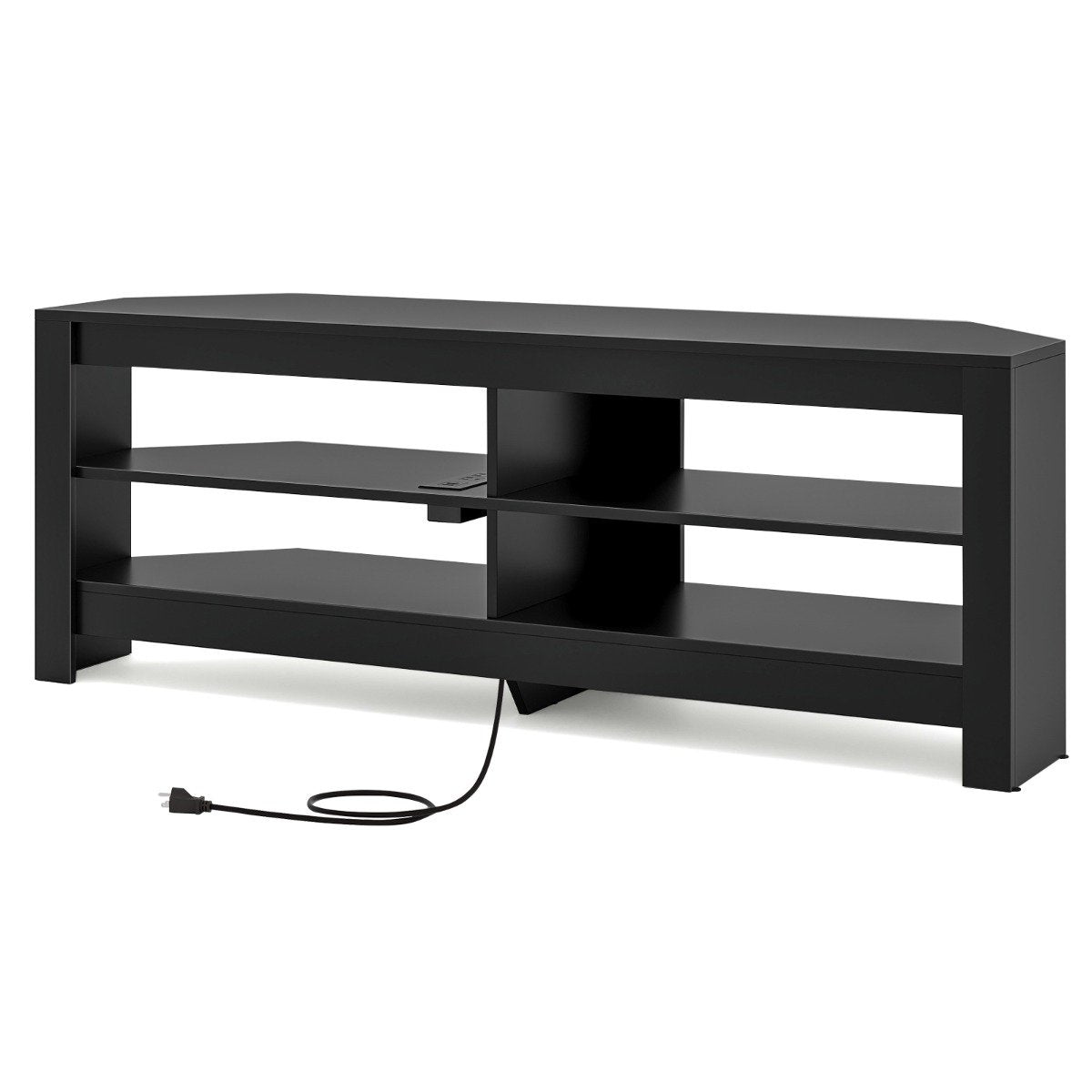 Corner TV cabinet with charging station & 4 shelves for TVs up to 65 inches TV lowboard TV cabinet black
