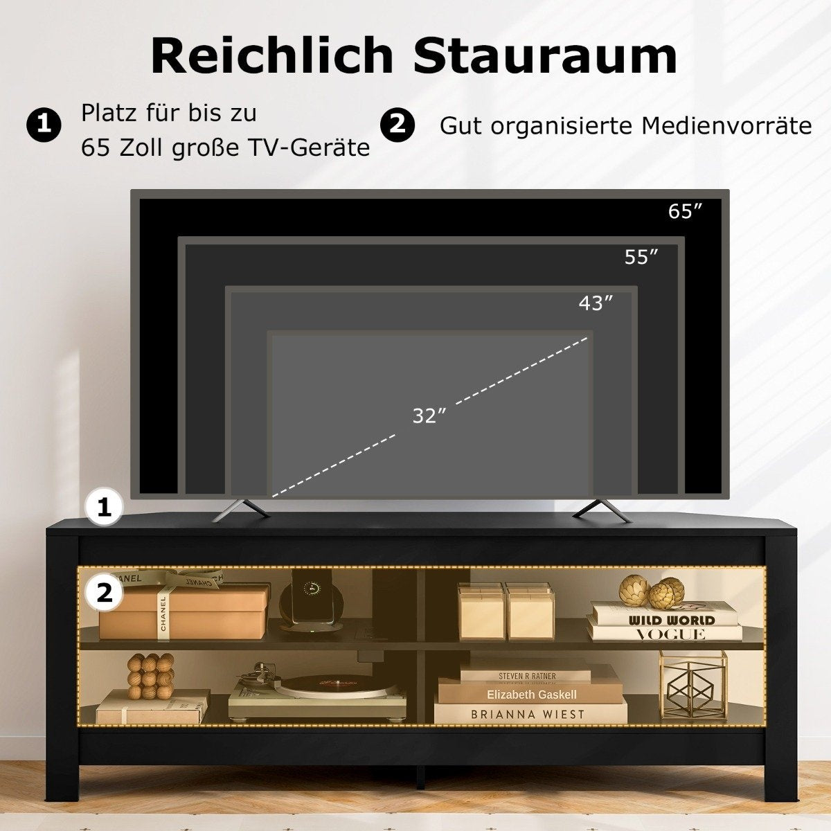 Corner TV cabinet with charging station & 4 shelves for TVs up to 65 inches TV lowboard TV cabinet black