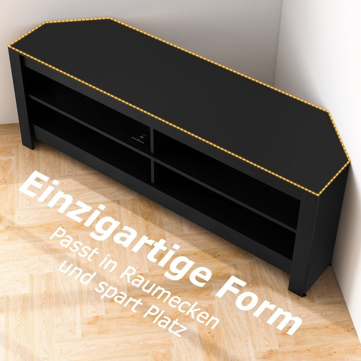 Corner TV cabinet with charging station & 4 shelves for TVs up to 65 inches TV lowboard TV cabinet black