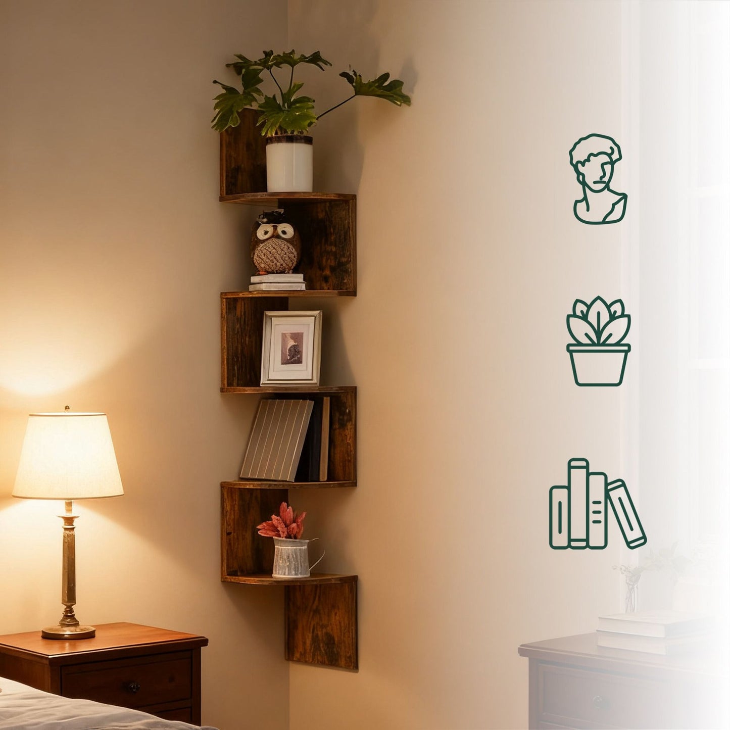 Corner Wall Shelf, 5 Tiers, Zigzag Design