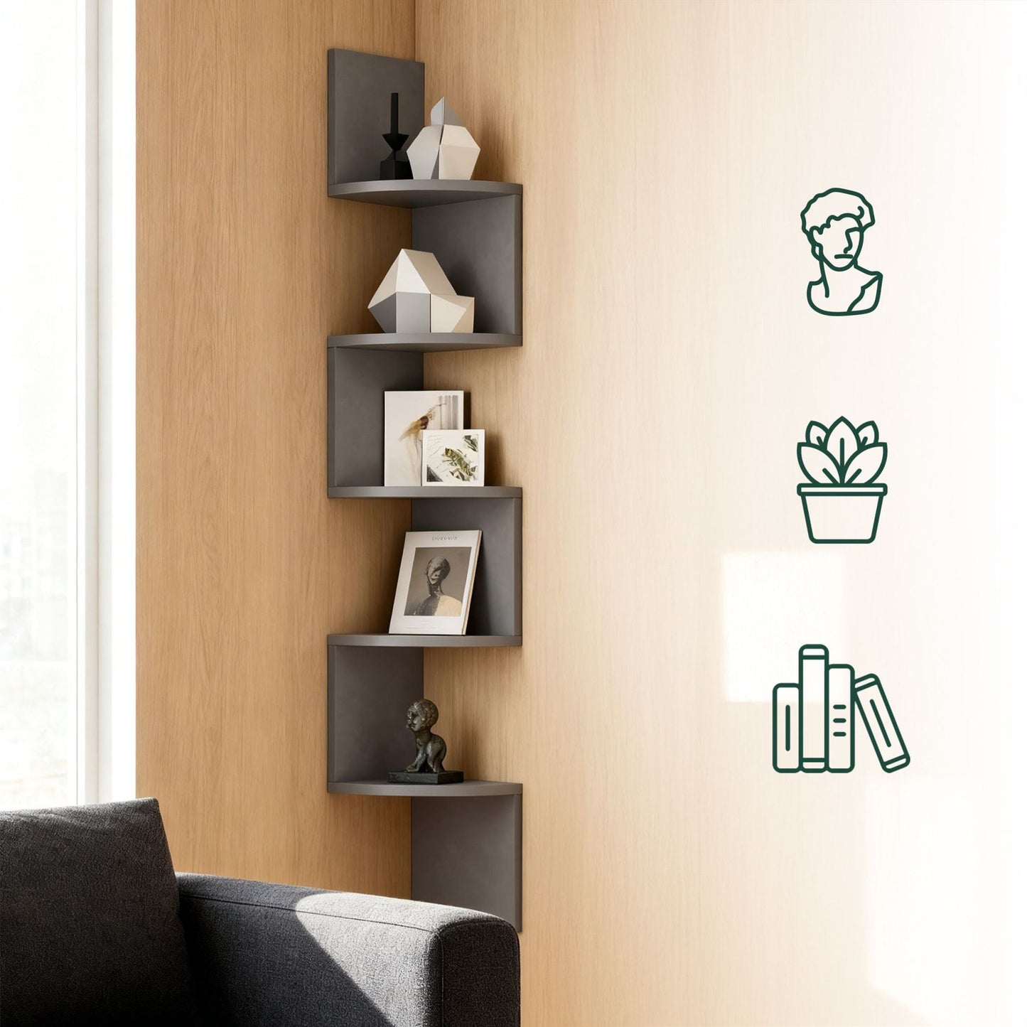 Corner Wall Shelf, 5 Tiers, Zigzag Design