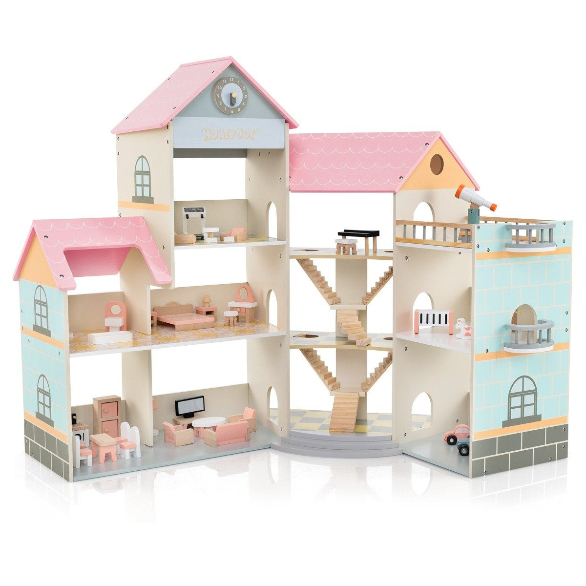 Corner Wooden Dollhouse with Pink Roof & 41 Pieces of Furniture & Accessories Dollhouse DIY Dream House
