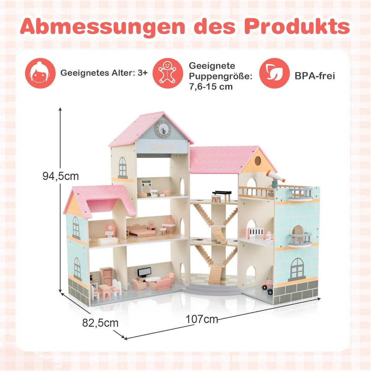 Corner Wooden Dollhouse with Pink Roof & 41 Pieces of Furniture & Accessories Dollhouse DIY Dream House