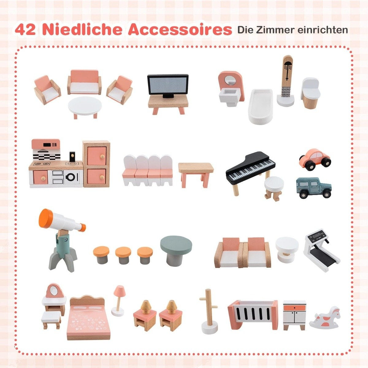 Corner Wooden Dollhouse with Pink Roof & 41 Pieces of Furniture & Accessories Dollhouse DIY Dream House