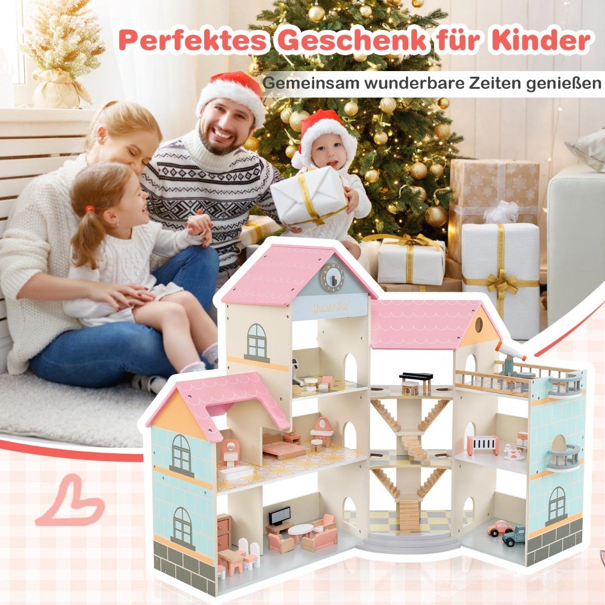 Corner Wooden Dollhouse with Pink Roof & 41 Pieces of Furniture & Accessories Dollhouse DIY Dream House