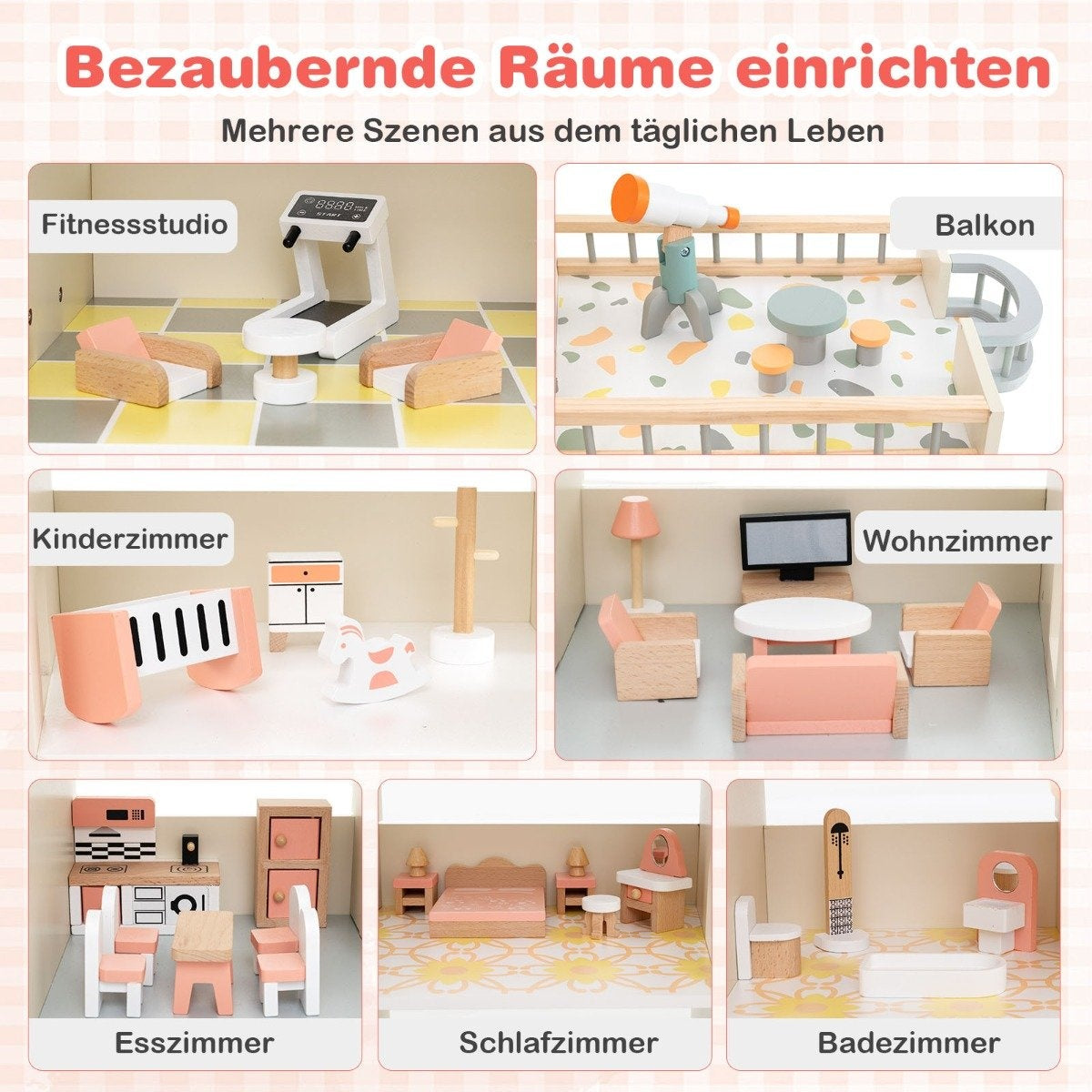 Corner Wooden Dollhouse with Pink Roof & 41 Pieces of Furniture & Accessories Dollhouse DIY Dream House
