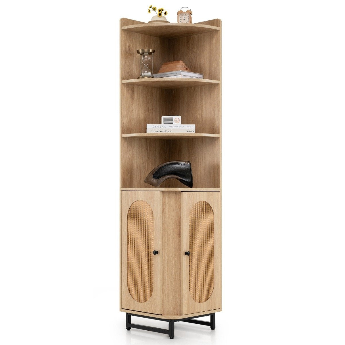 Corner bookcase made of PE rattan 172 cm tall cabinet with 2 doors & 4 open shelves natural