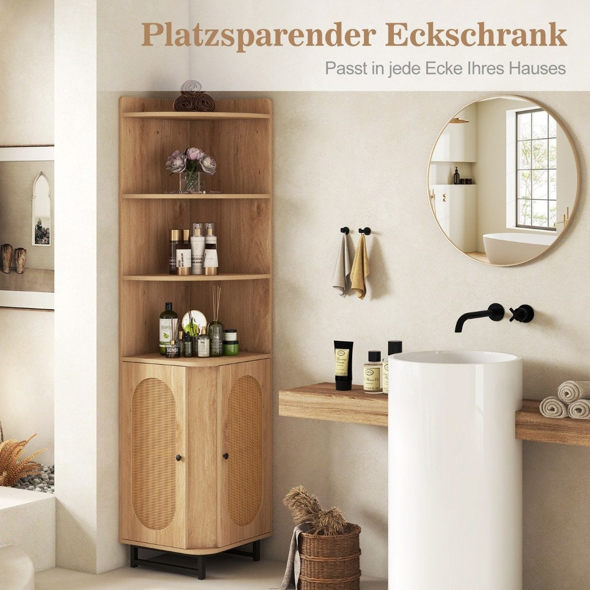 Corner bookcase made of PE rattan 172 cm tall cabinet with 2 doors & 4 open shelves natural