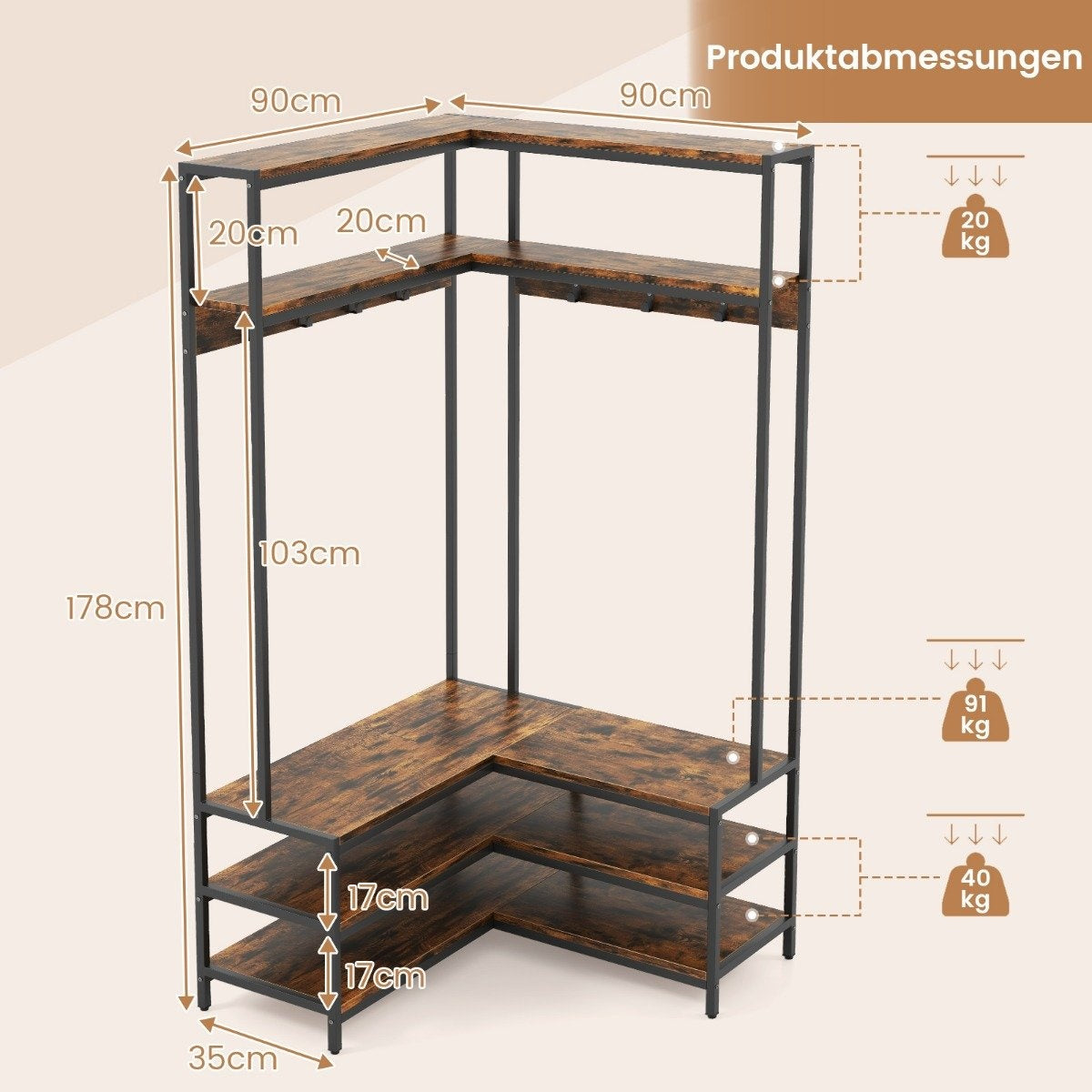 Corner coat rack with bench L-shaped clothes rack with open shelves 90 x 90 x 178 cm Rustic brown