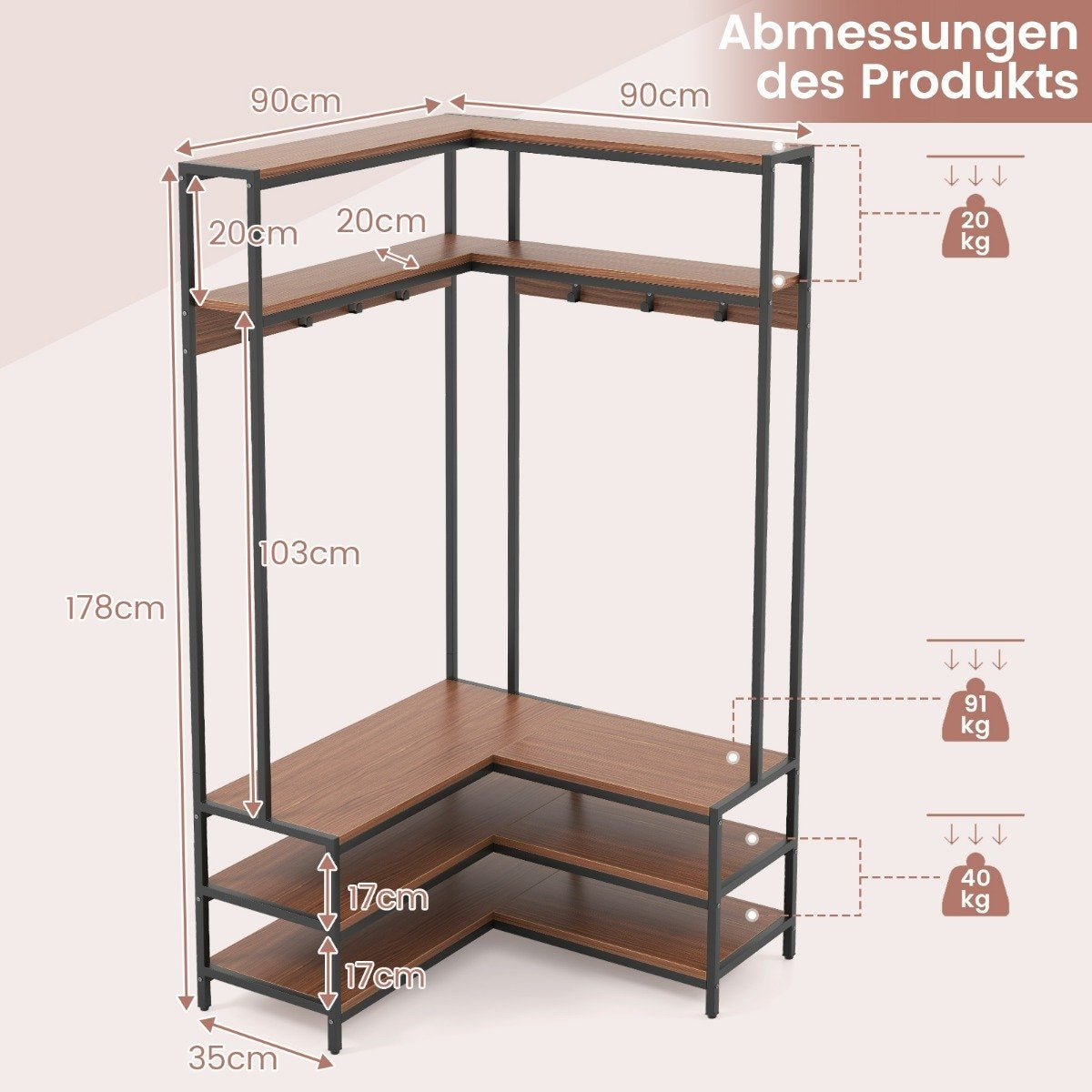 Corner coat rack with bench L-shaped clothes rack with open shelves 90 x 90 x 178 cm walnut