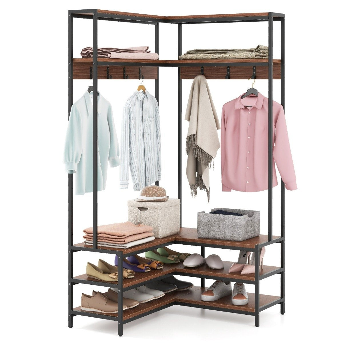 Corner coat rack with bench L-shaped clothes rack with open shelves 90 x 90 x 178 cm walnut