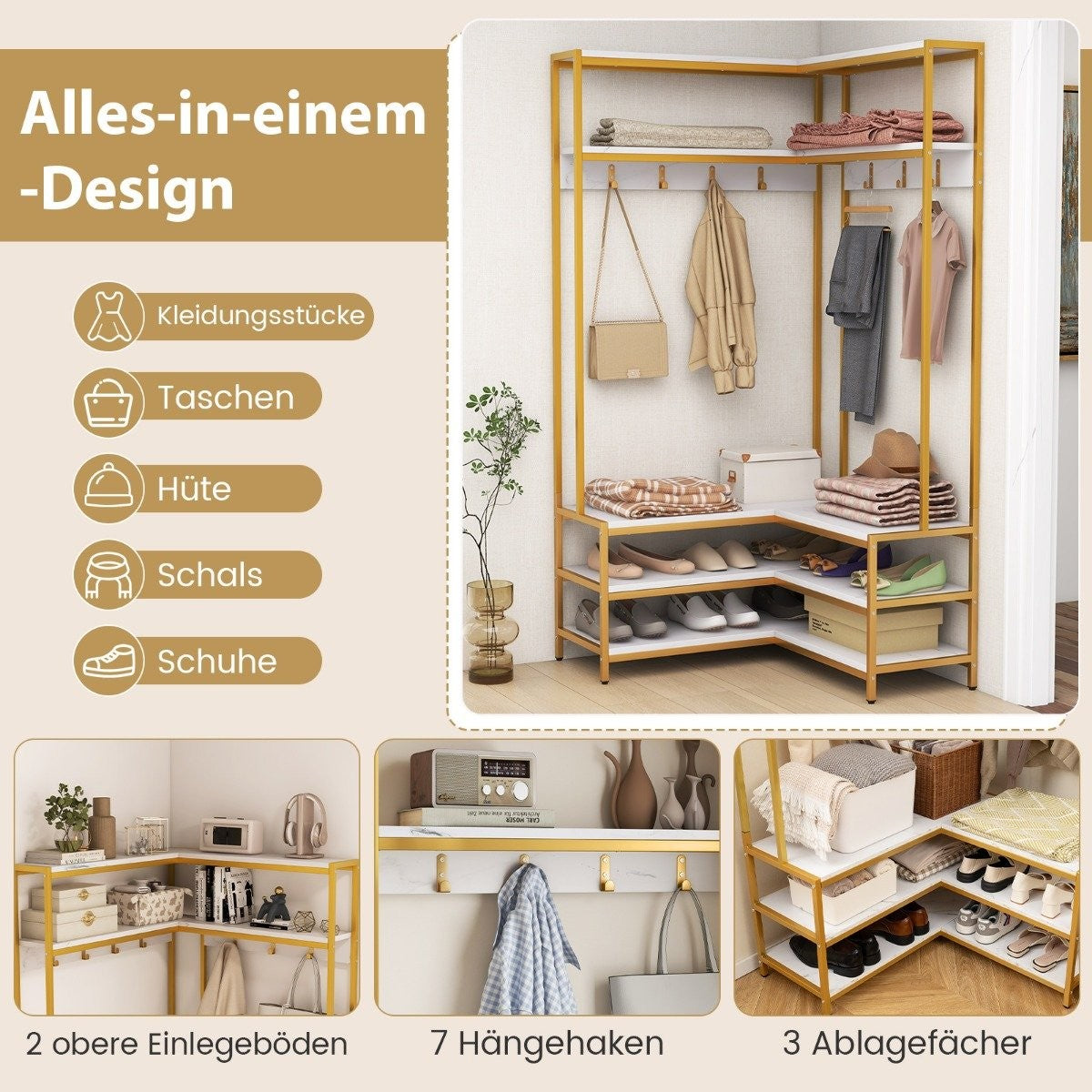 Corner coat rack with bench L-shaped clothes rack with open shelves 90 x 90 x 178 cm white
