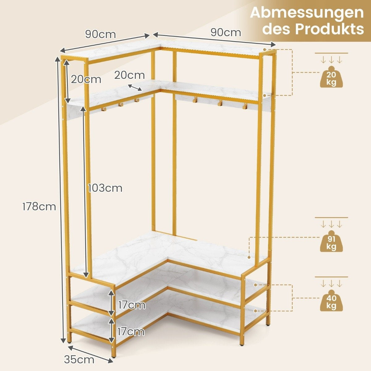 Corner coat rack with bench L-shaped clothes rack with open shelves 90 x 90 x 178 cm white