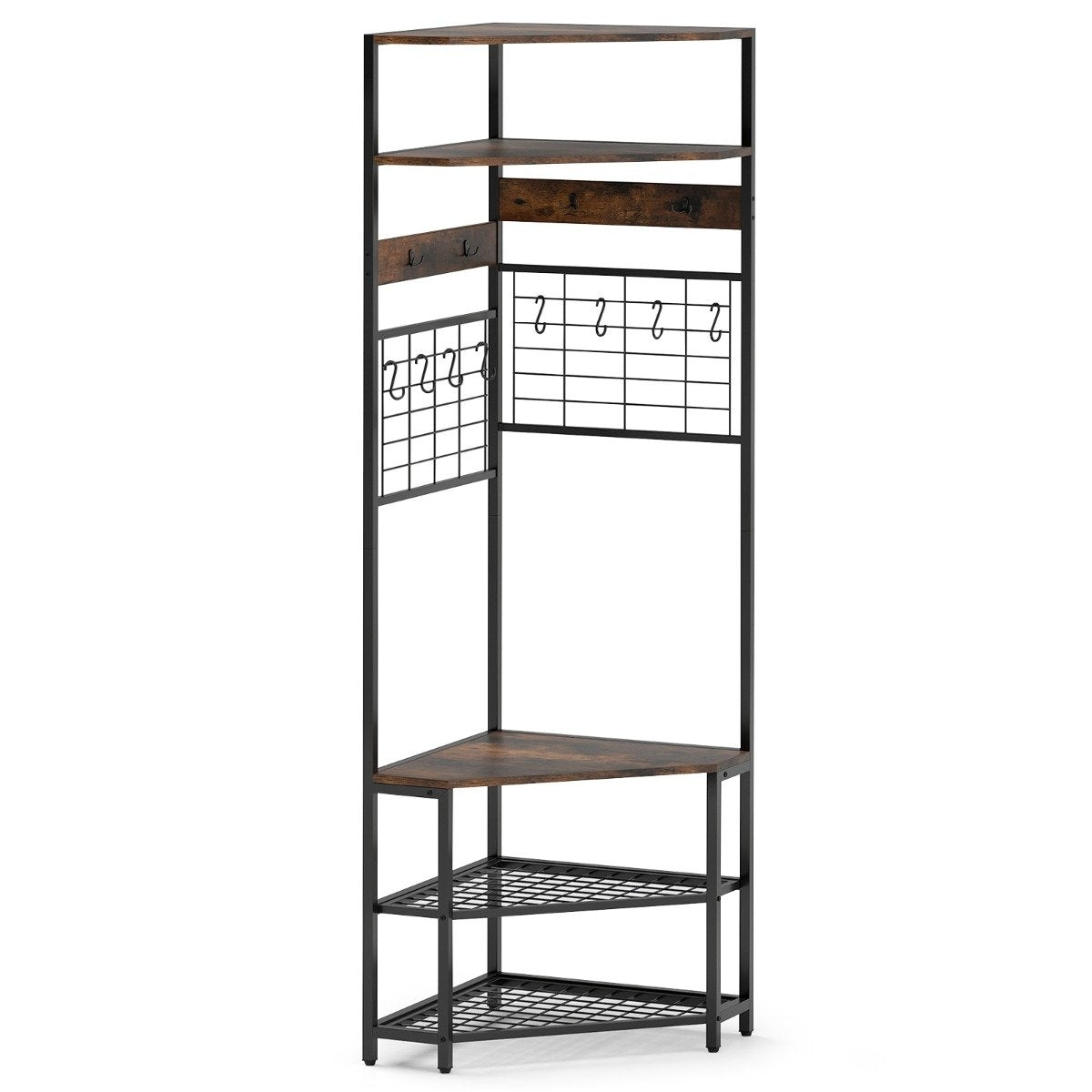 Corner coat rack with shoe bench &amp; 12 Metal Hooks Freestanding Clothes Rack Brown