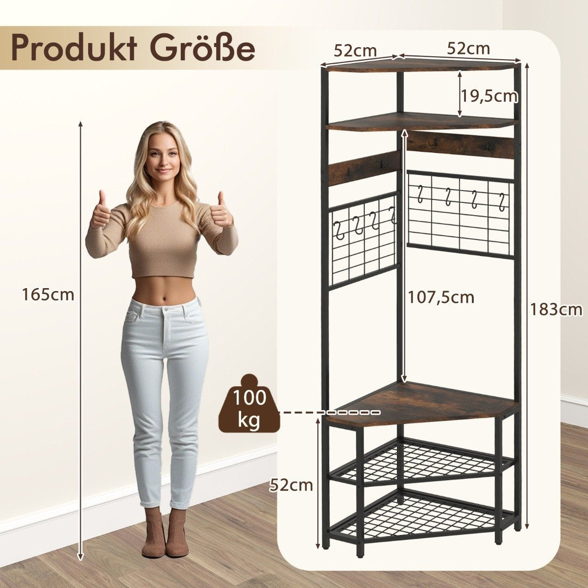 Corner coat rack with shoe bench &amp; 12 Metal Hooks Freestanding Clothes Rack Brown