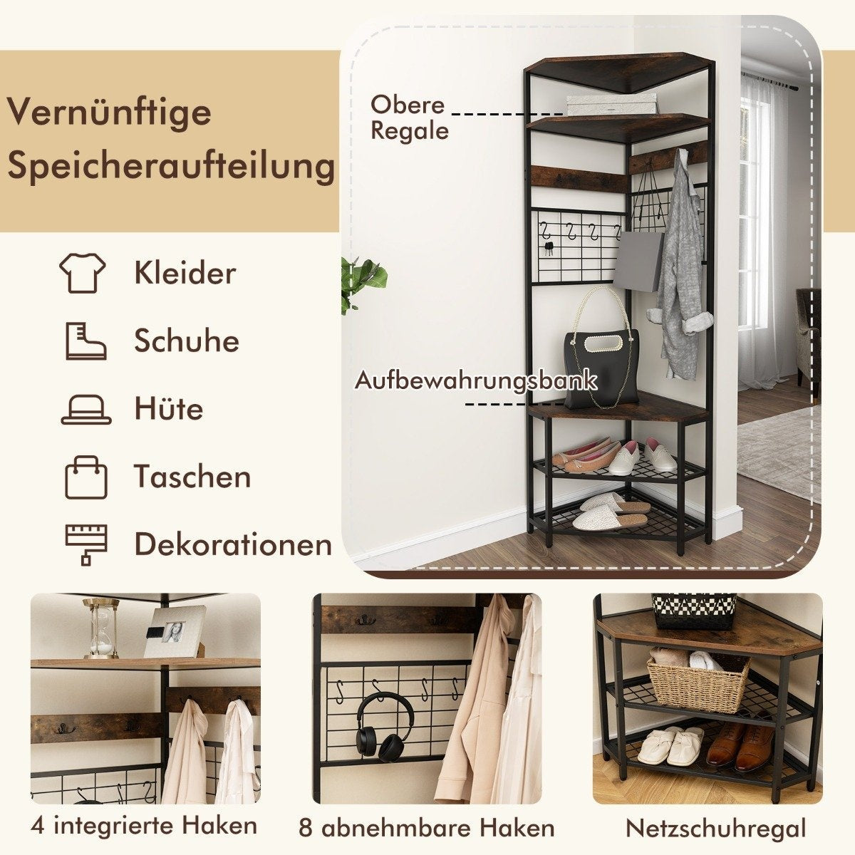 Corner coat rack with shoe bench &amp; 12 Metal Hooks Freestanding Clothes Rack Brown