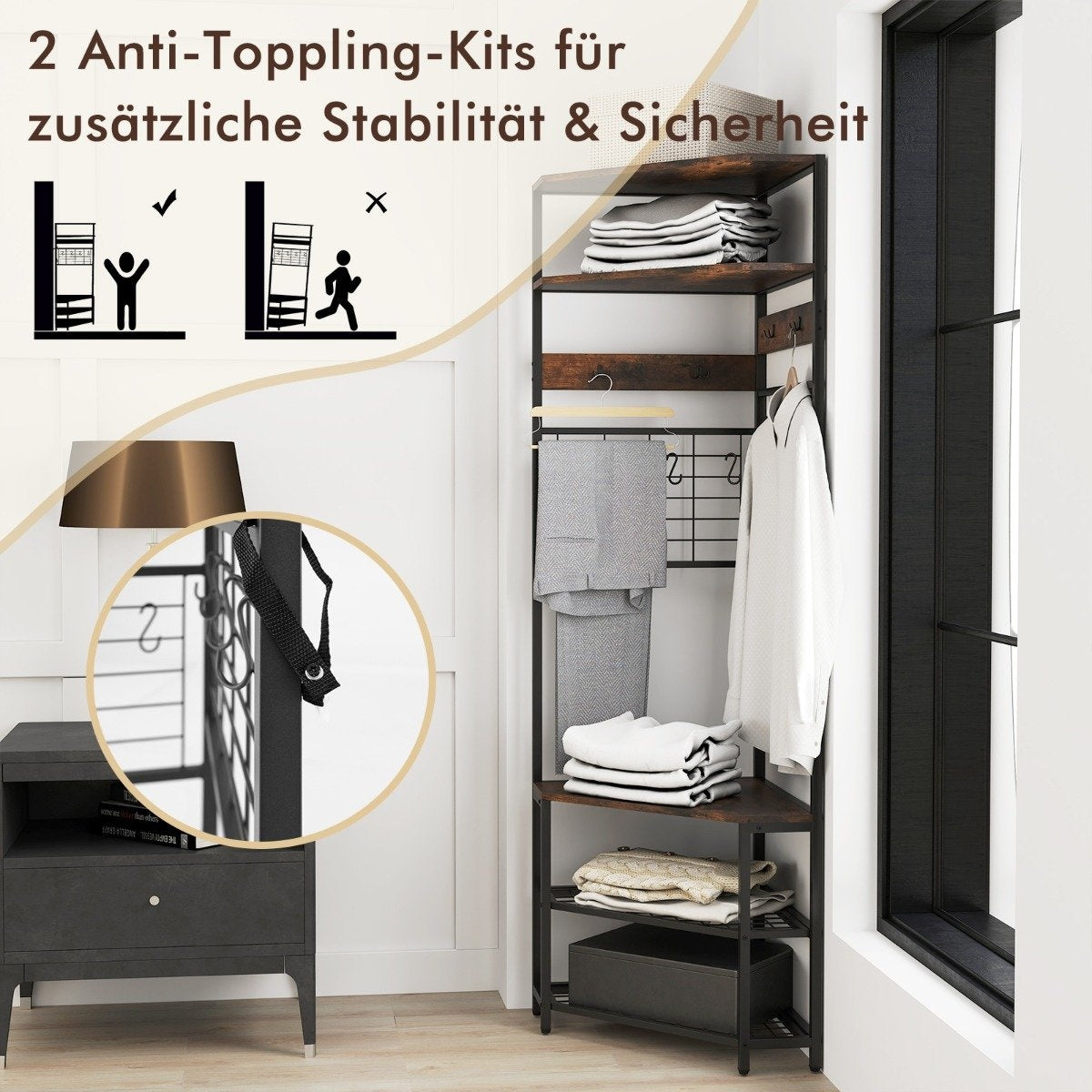 Corner coat rack with shoe bench &amp; 12 Metal Hooks Freestanding Clothes Rack Brown