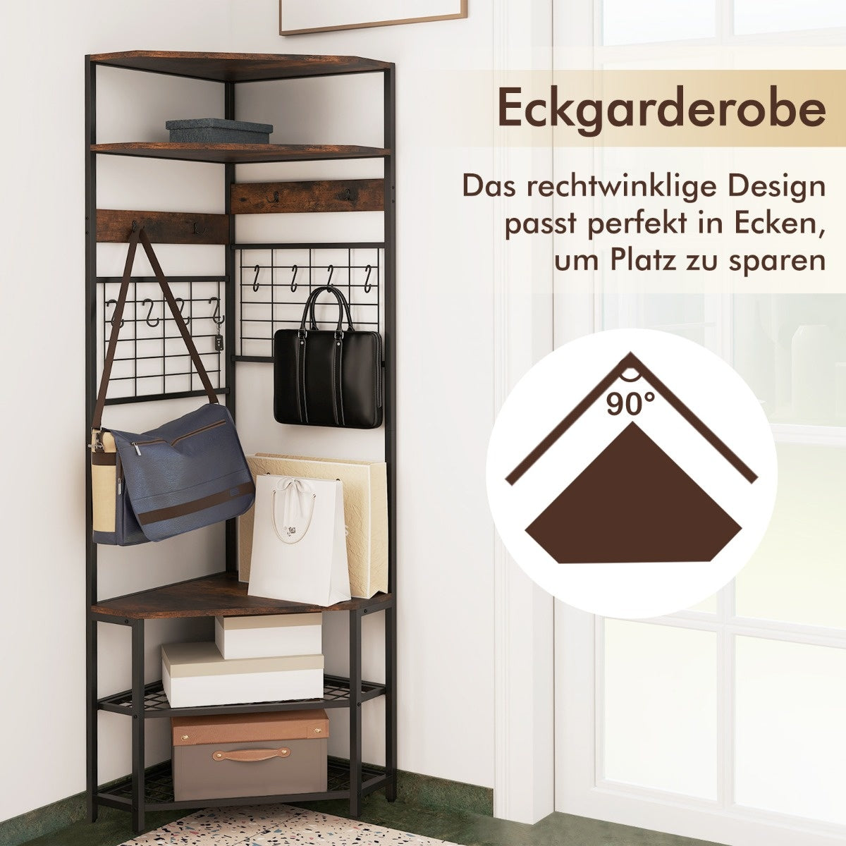 Corner coat rack with shoe bench &amp; 12 Metal Hooks Freestanding Clothes Rack Brown