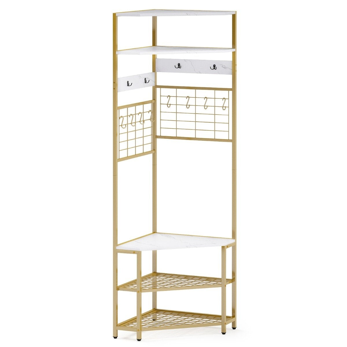 Corner coat rack with shoe bench &amp; 12 metal hooks freestanding clothes rack white