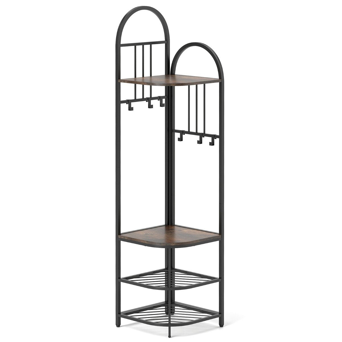 Corner coat rack with shoe storage bench &amp; 6 Removable Hooks 4 Tier Clothes Rack Brown