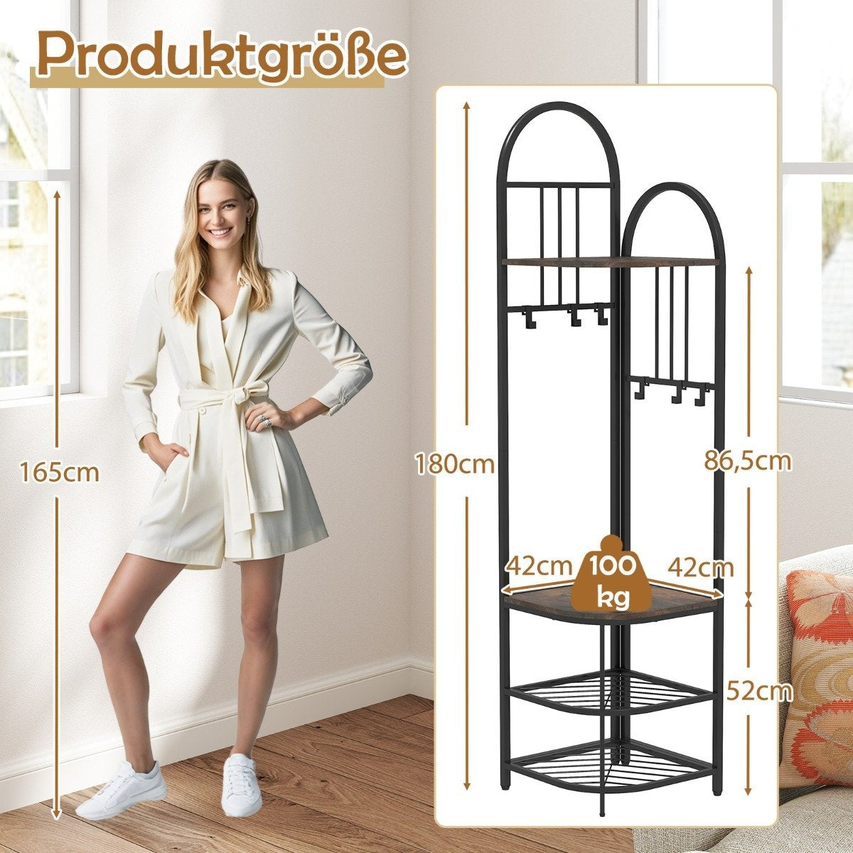 Corner coat rack with shoe storage bench &amp; 6 Removable Hooks 4 Tier Clothes Rack Brown