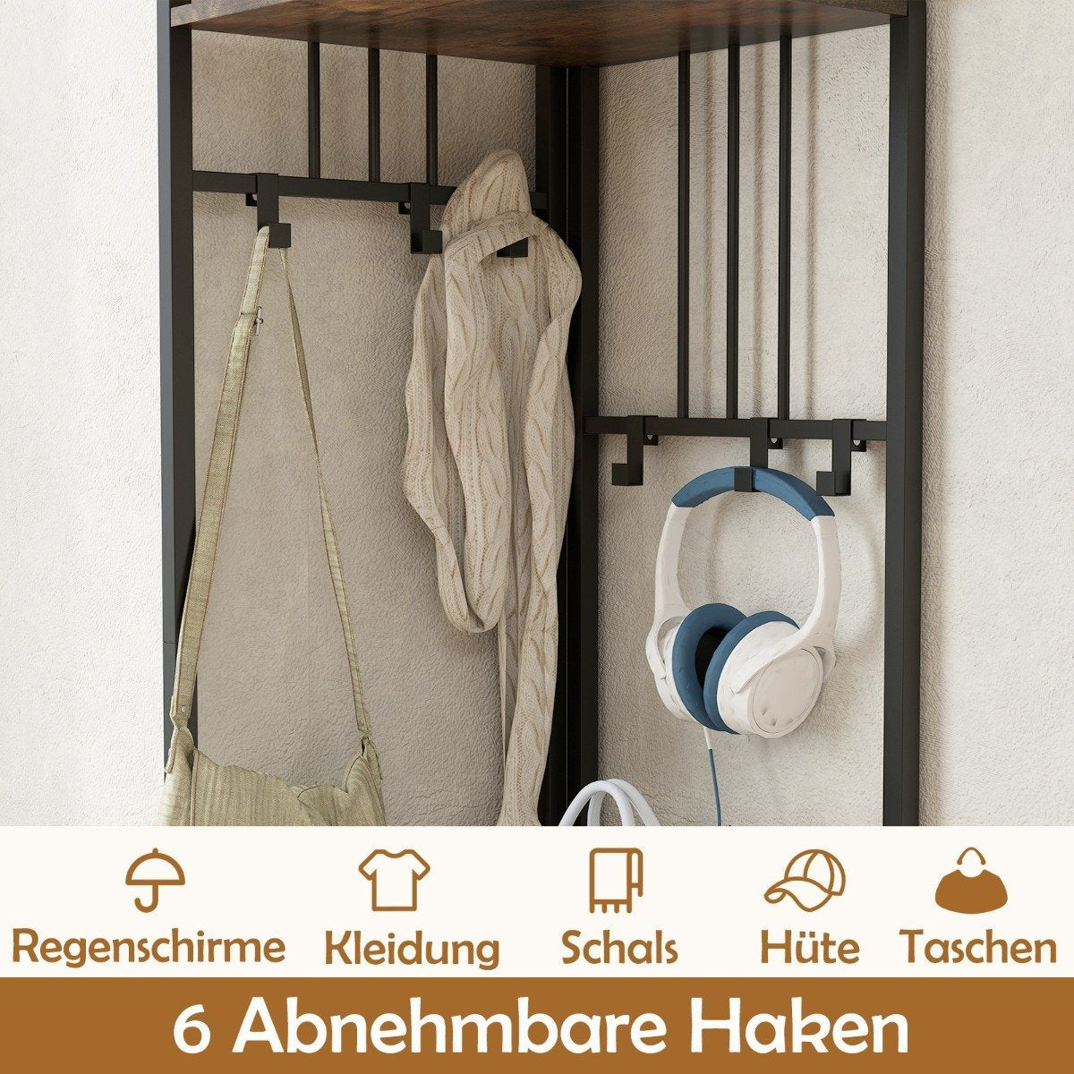 Corner coat rack with shoe storage bench &amp; 6 Removable Hooks 4 Tier Clothes Rack Brown