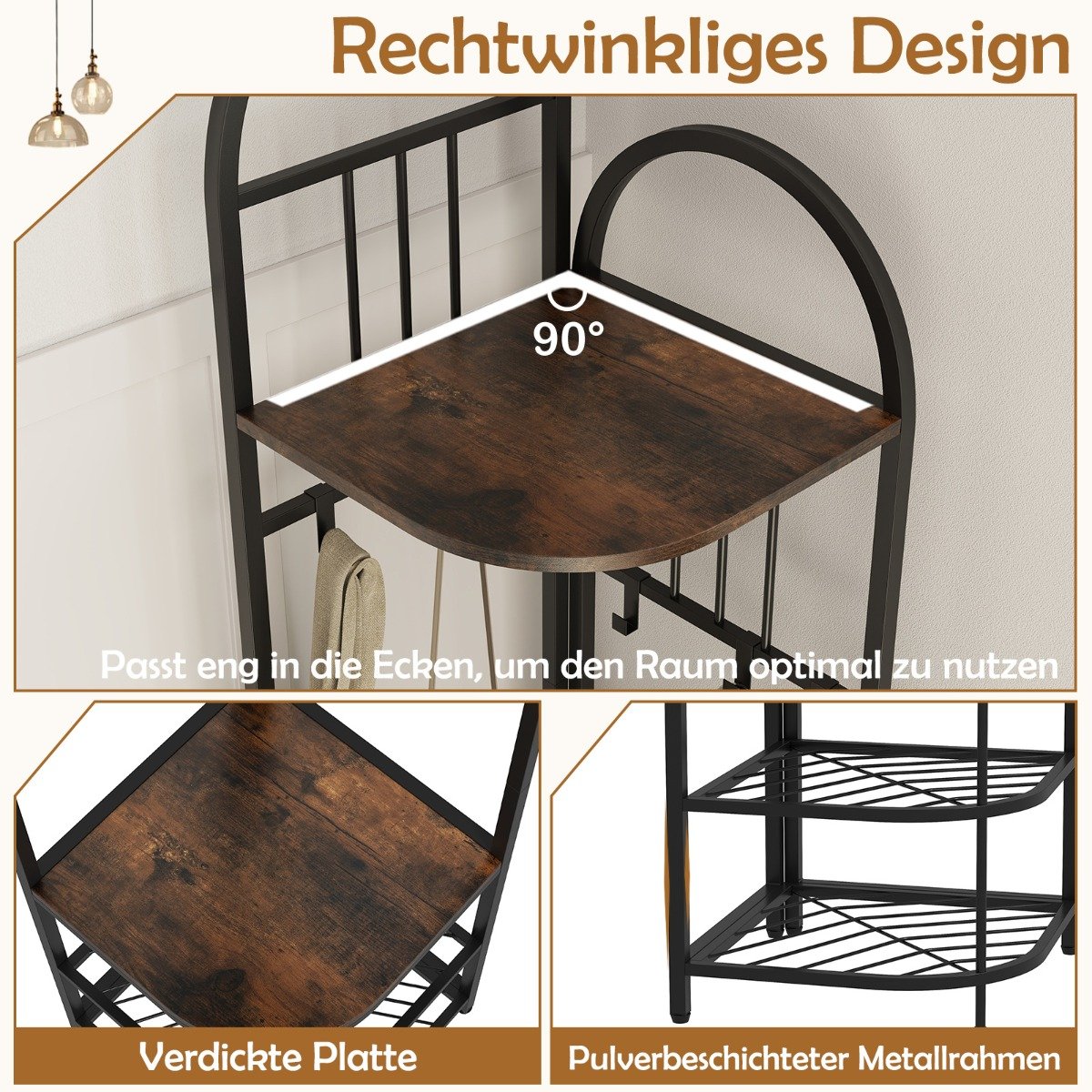 Corner coat rack with shoe storage bench &amp; 6 Removable Hooks 4 Tier Clothes Rack Brown