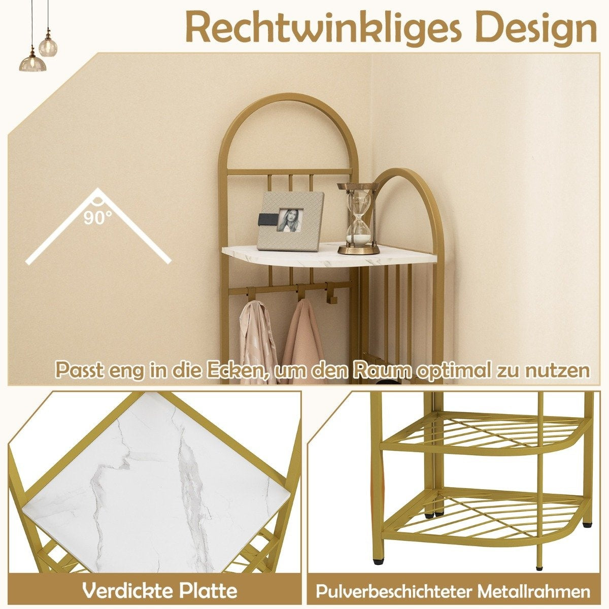 Corner coat rack with shoe storage bench &amp; 6 Removable Hooks 4 Tier Clothes Rack White