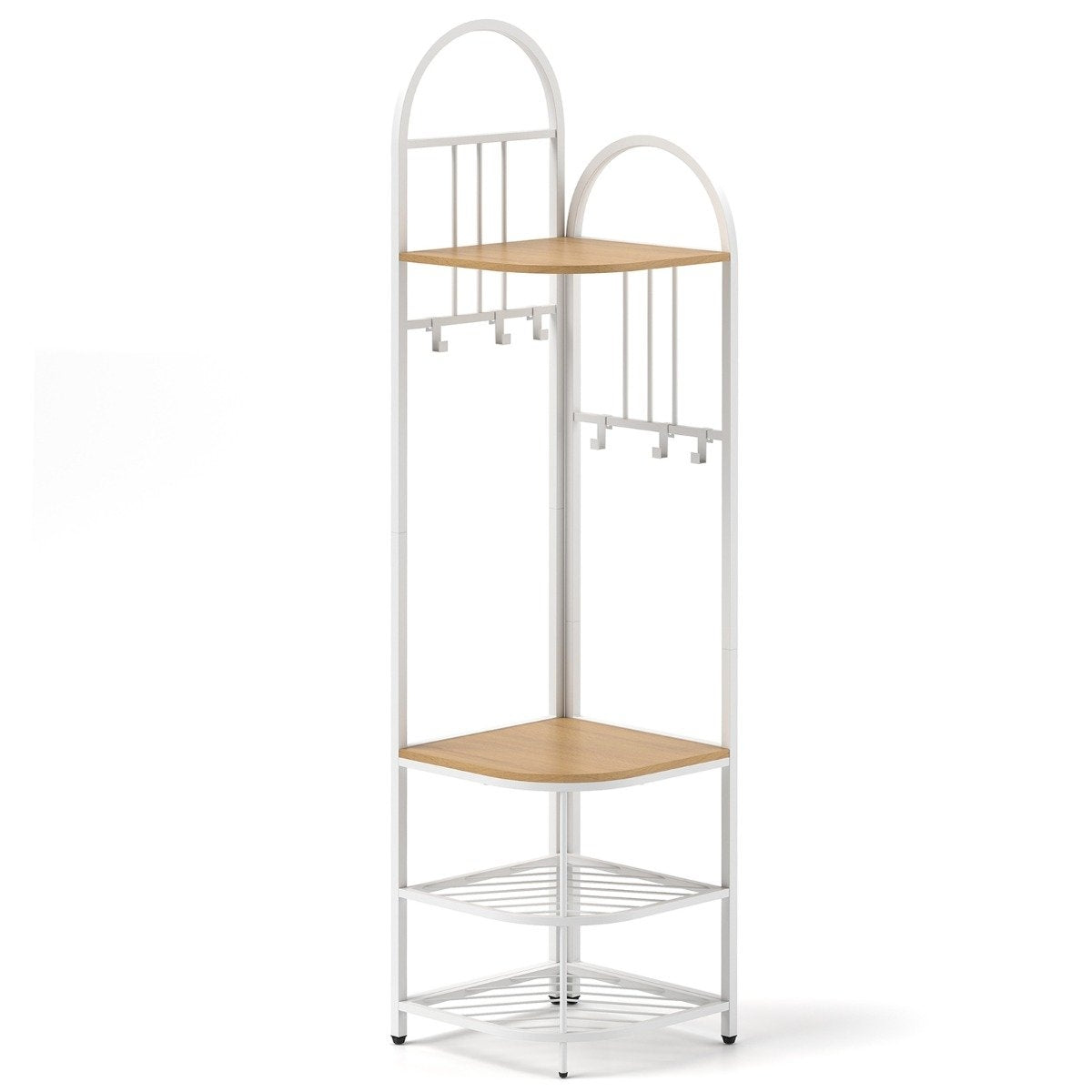 Corner coat rack with shoe storage bench &amp; 6 removable hooks 4 tier clothes rack natural