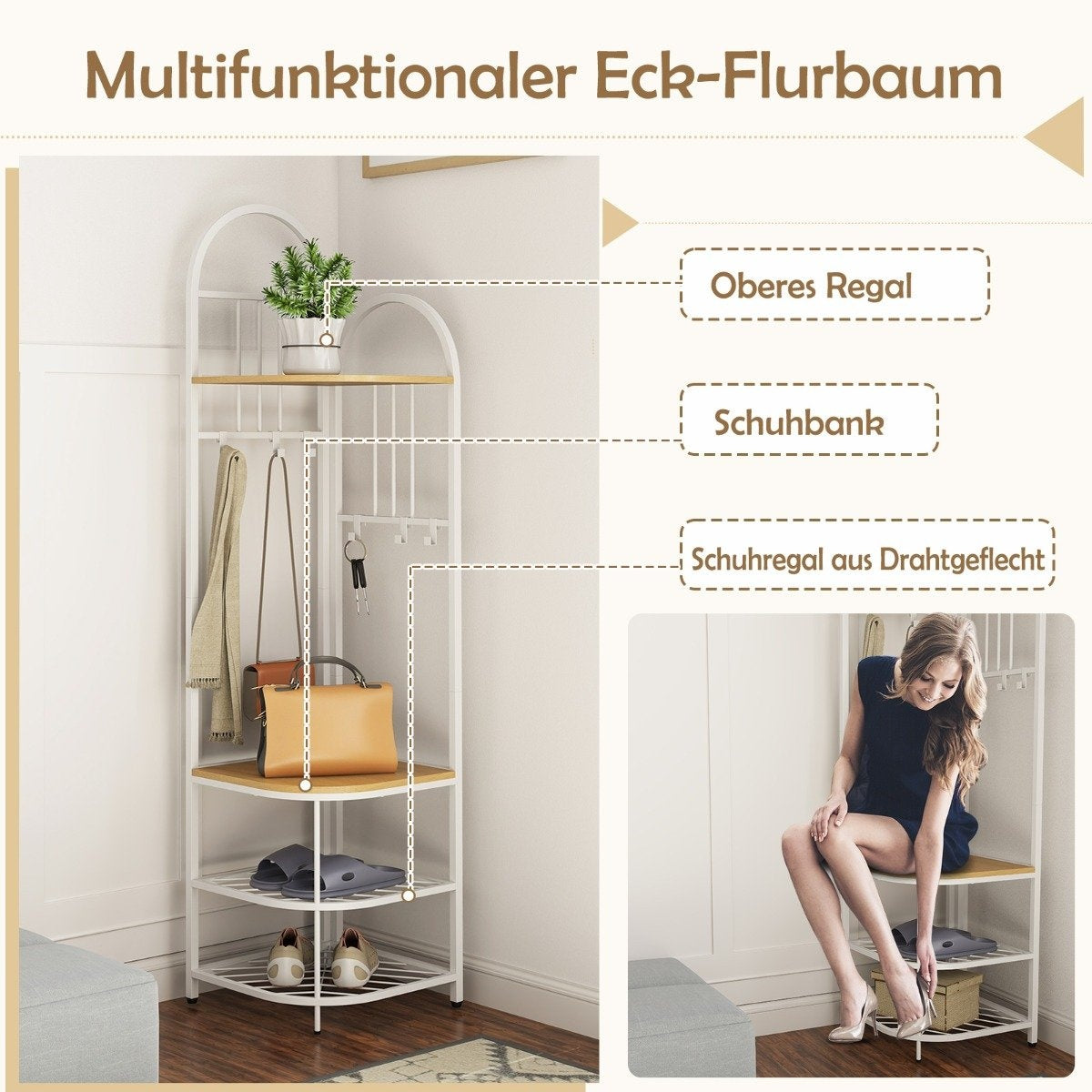Corner coat rack with shoe storage bench &amp; 6 removable hooks 4 tier clothes rack natural