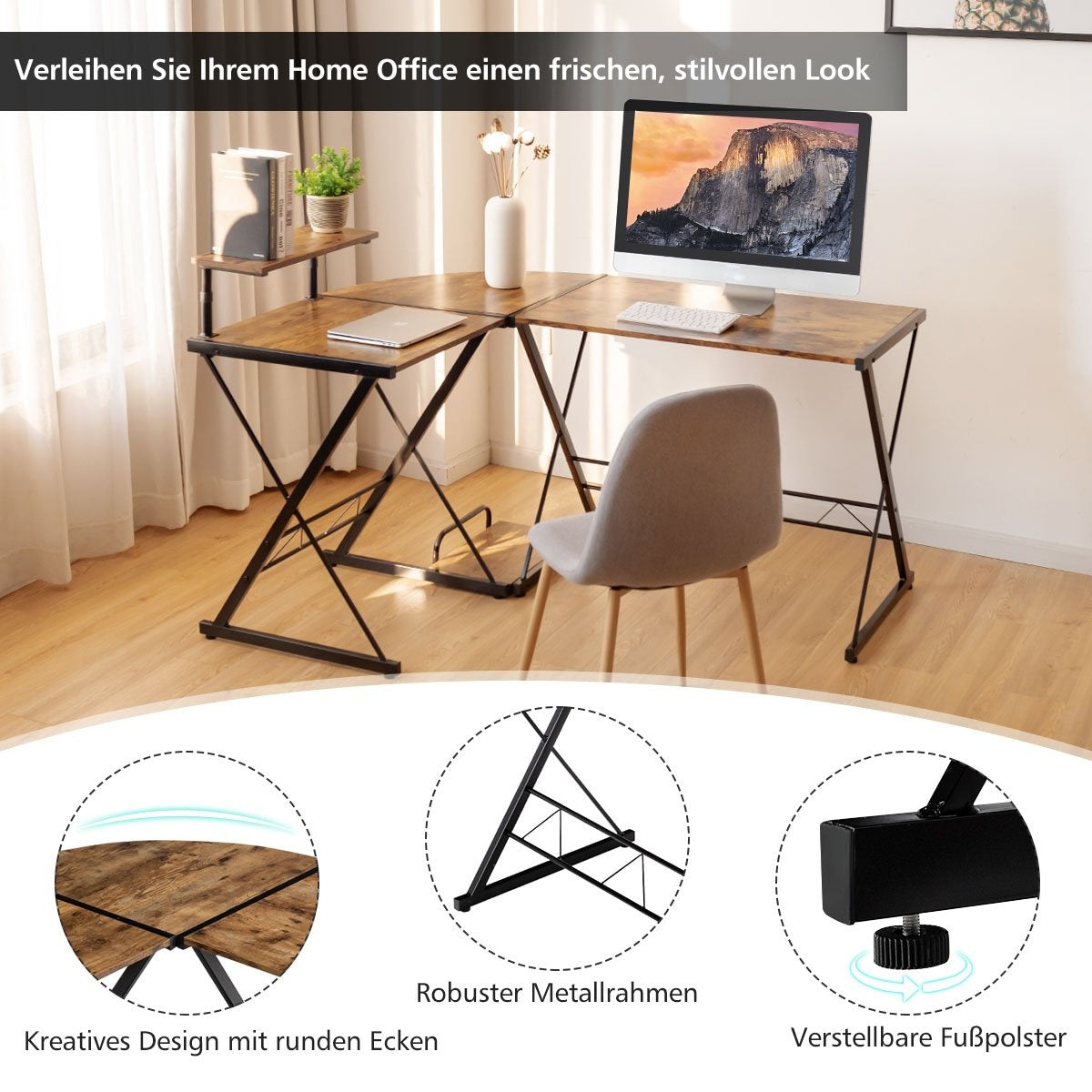 Corner desk L-shaped computer desk made of wood 147 x 112 x 79 cm brown
