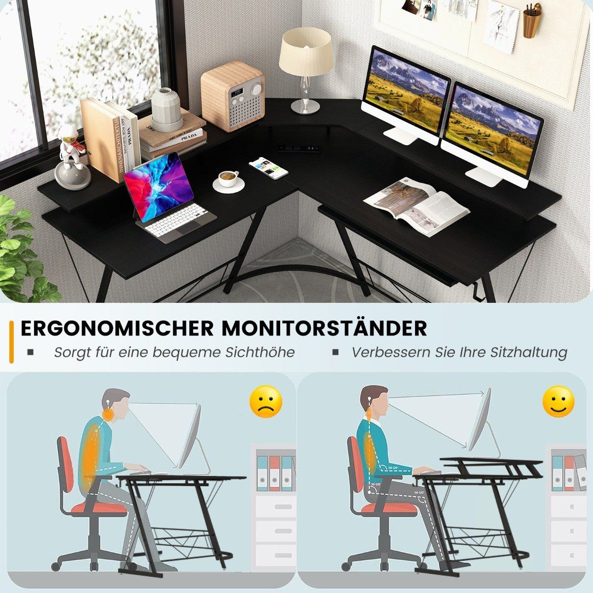 Corner desk with socket & USB charging port & monitor stand black