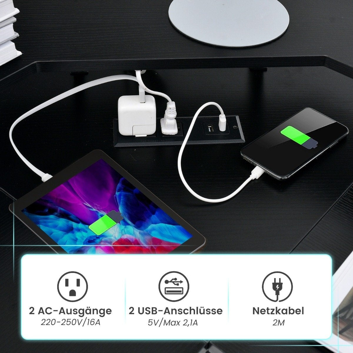 Corner desk with socket & USB charging port & monitor stand black