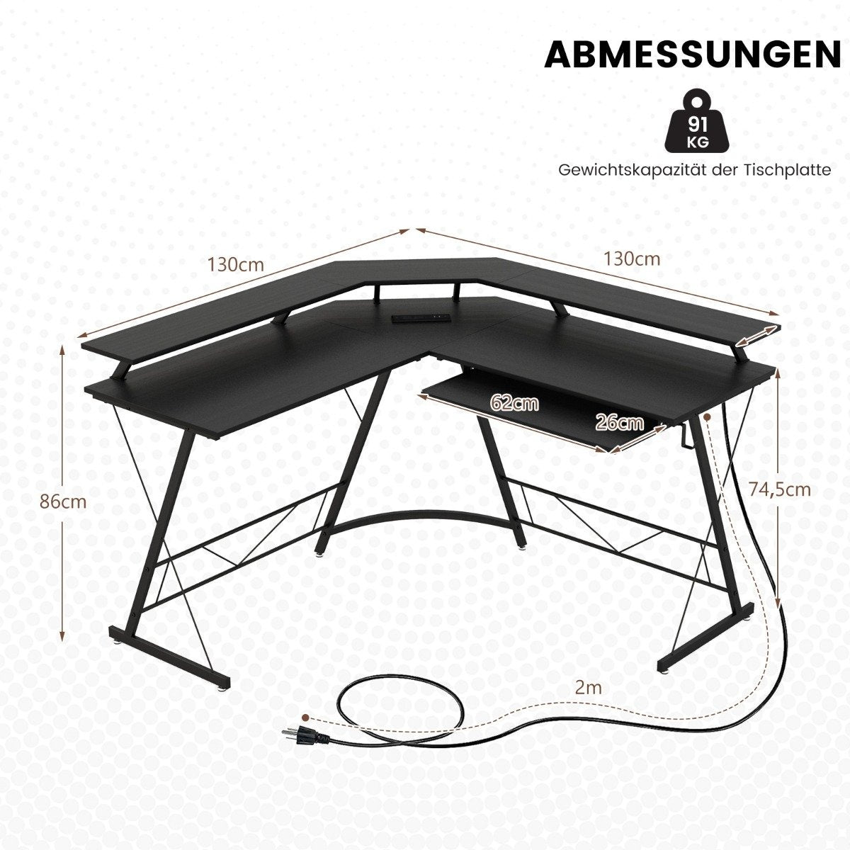 Corner desk with socket & USB charging port & monitor stand black