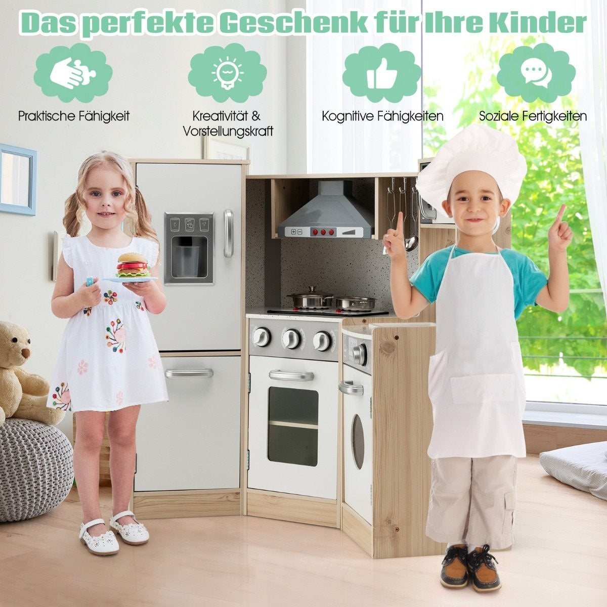 Corner kitchen Corner play kitchen with sound and light Children's kitchen made of wood including play accessories White + Natural