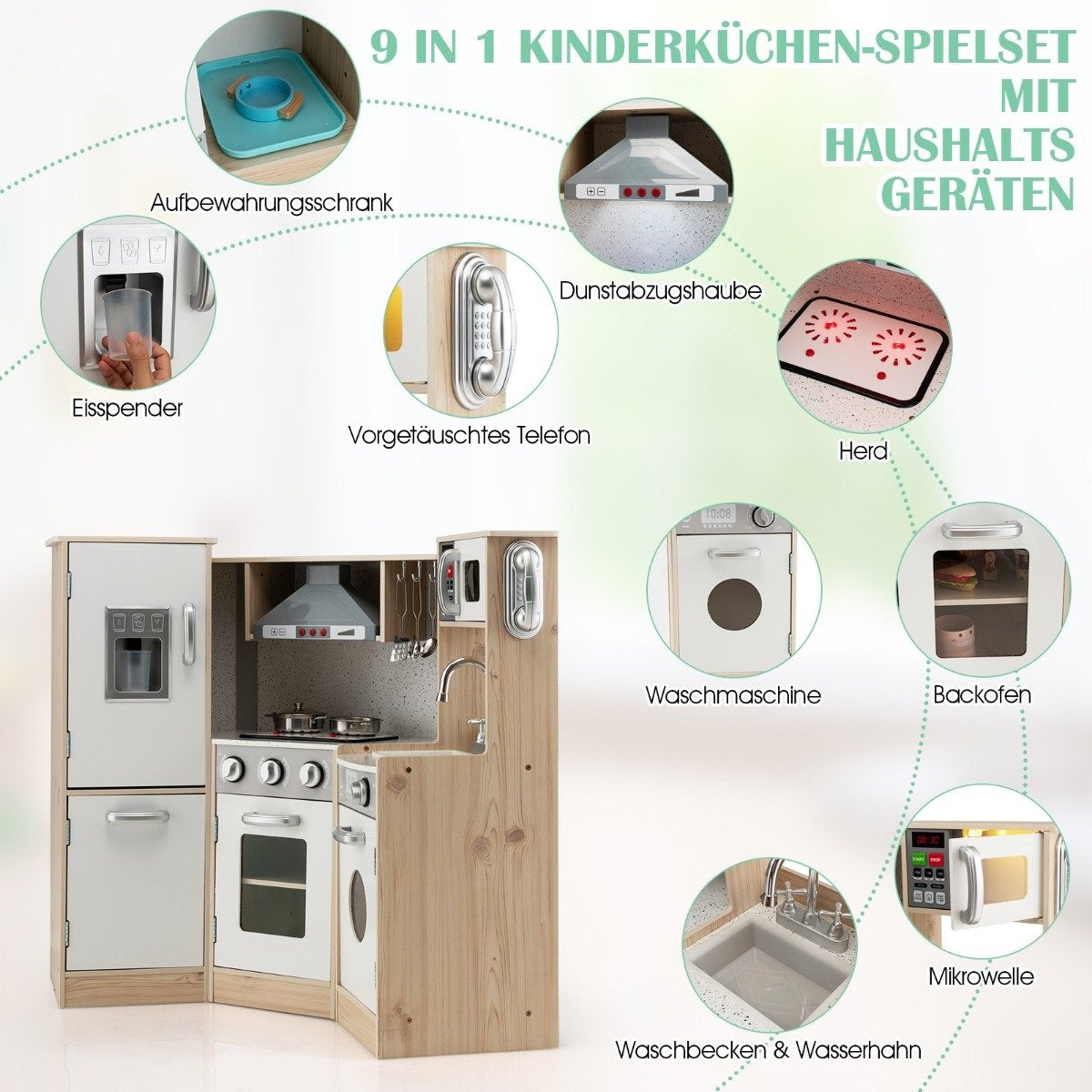 Corner kitchen Corner play kitchen with sound and light Children's kitchen made of wood including play accessories White + Natural