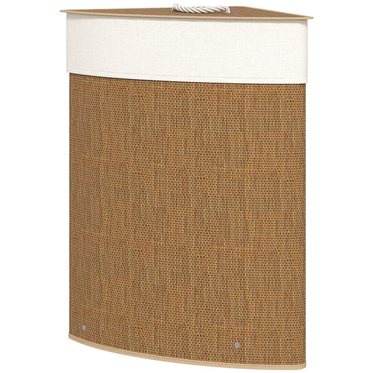Corner laundry basket, bamboo weave, 55 liters, fabric bag, metal frame, brown