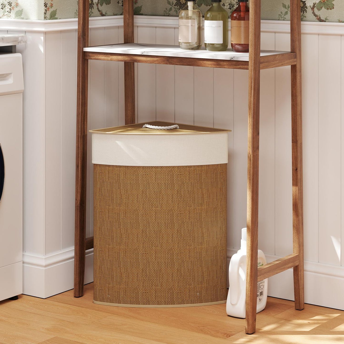 Corner laundry basket, bamboo weave, 55 liters, fabric bag, metal frame, brown