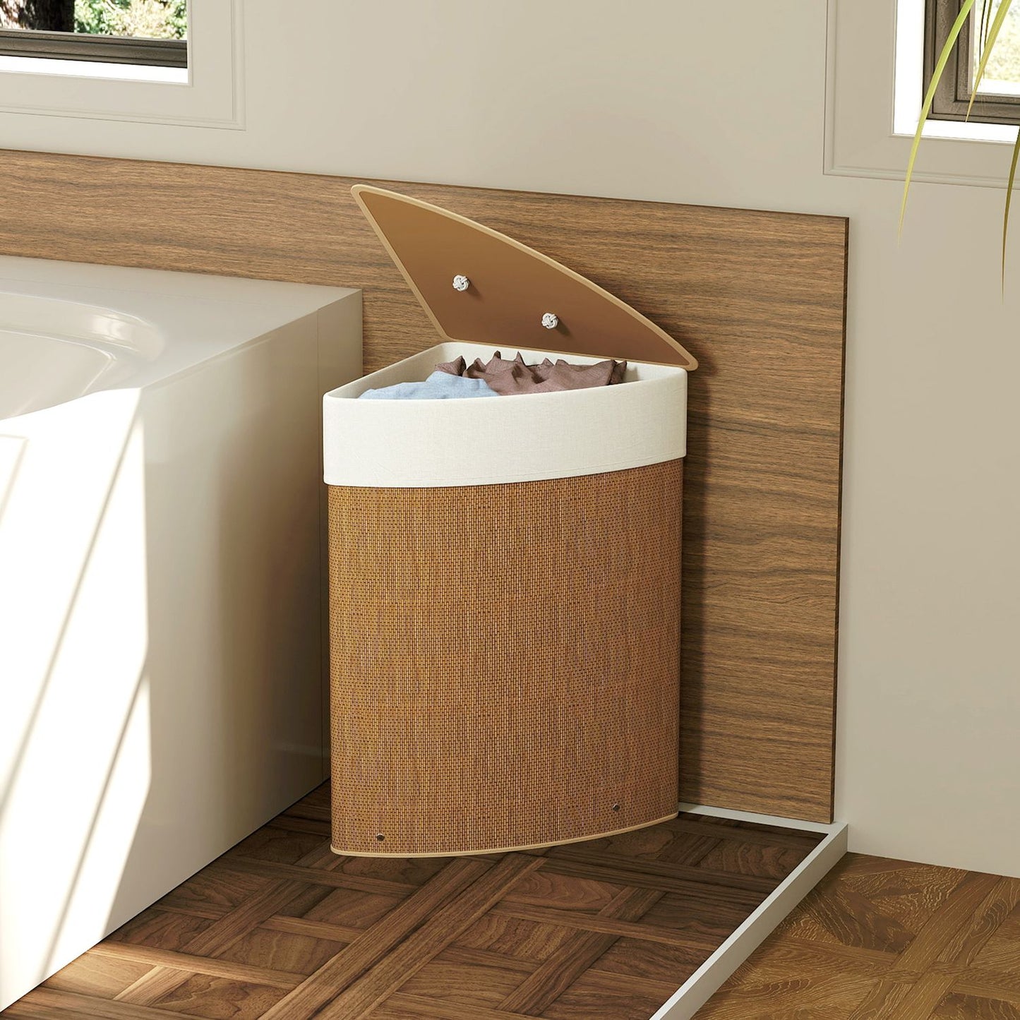 Corner laundry basket, bamboo weave, 55 liters, fabric bag, metal frame, brown