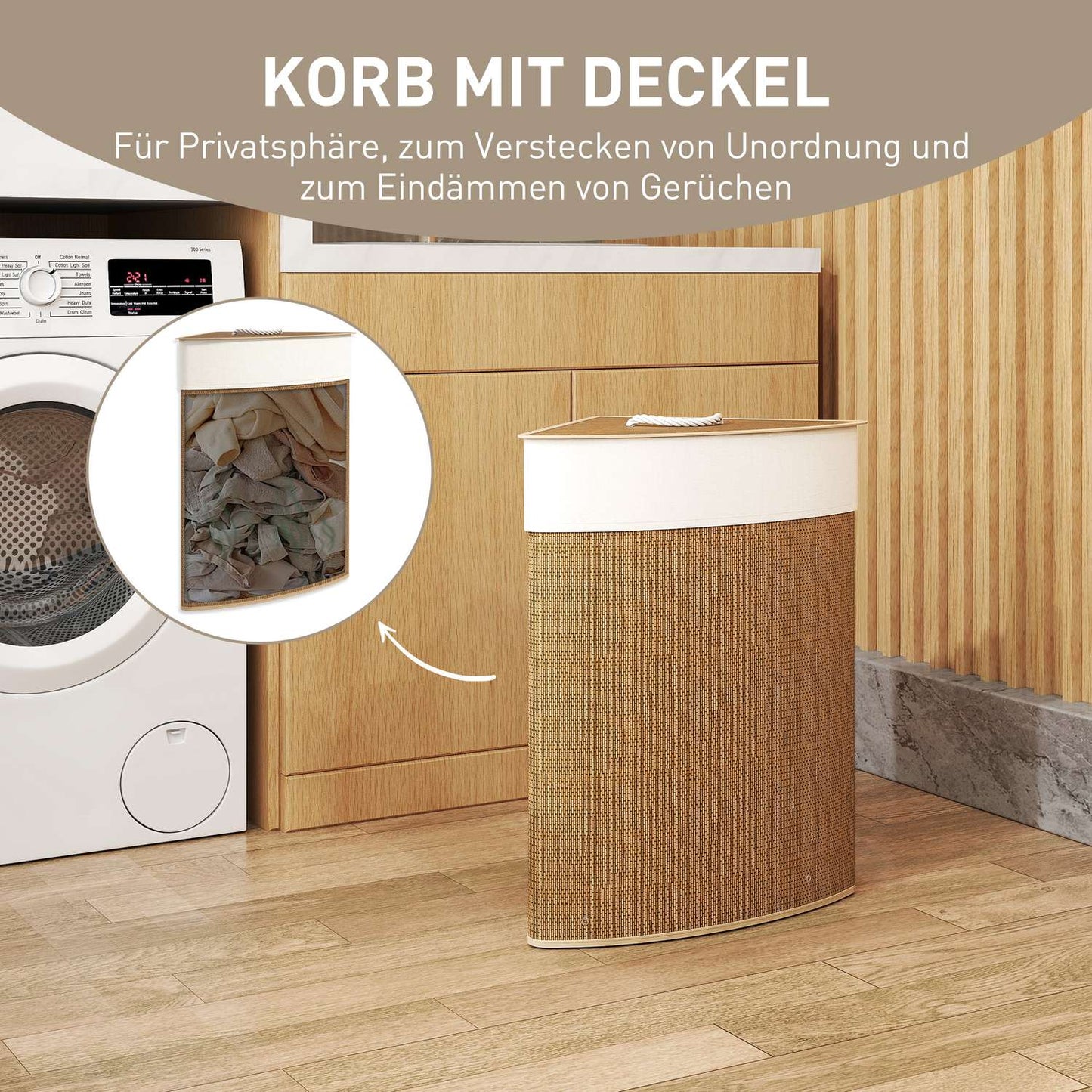 Corner laundry basket, bamboo weave, 55 liters, fabric bag, metal frame, brown