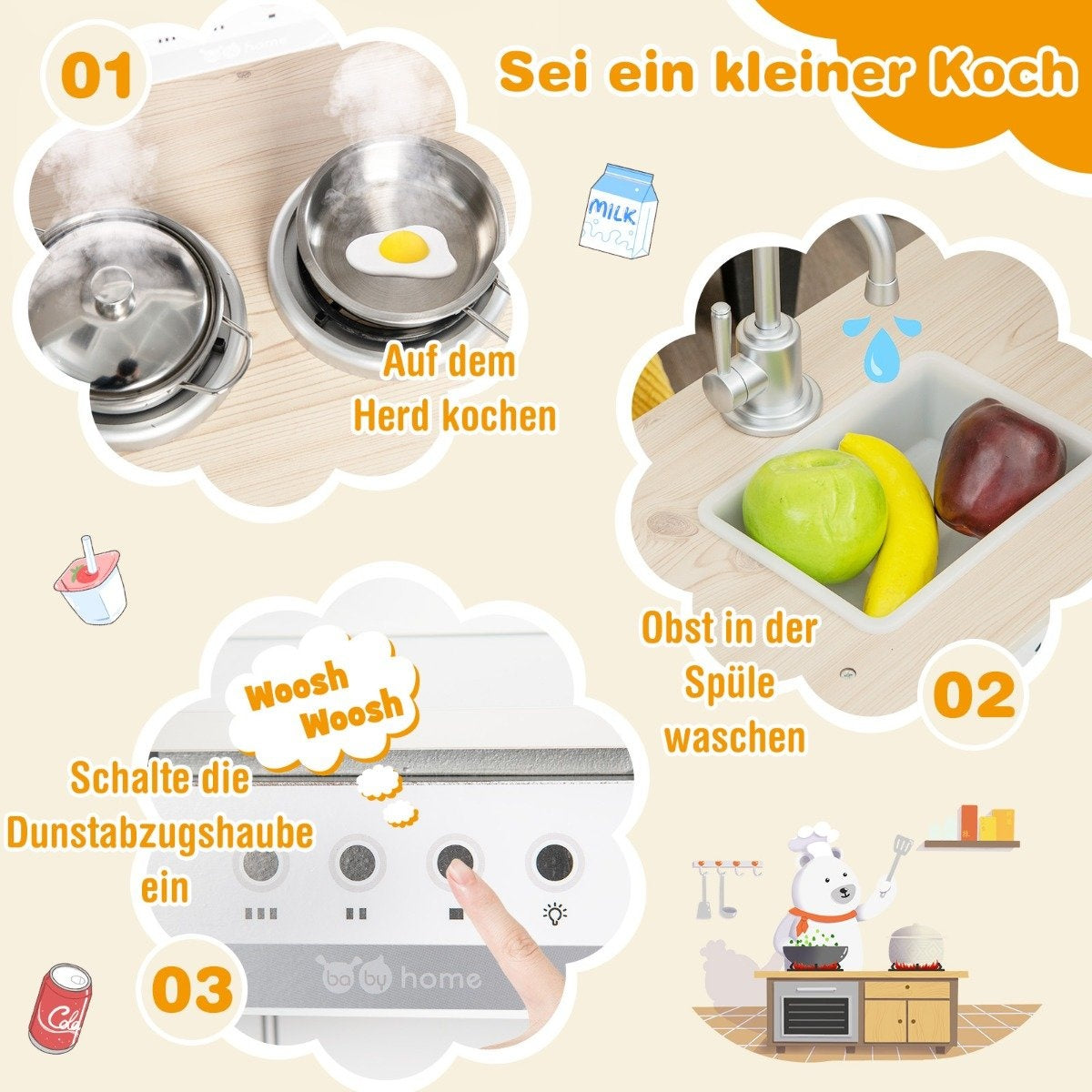 Corner play kitchen with separate refrigerator & sound & play accessories children's kitchen white