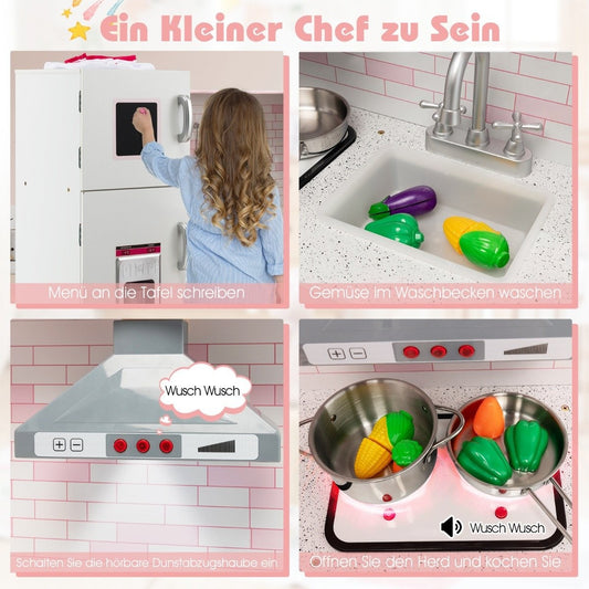 Corner play kitchen with sound and light children's kitchen made of wood including apron and play accessories 85 x 84 x 85 cm white + pink