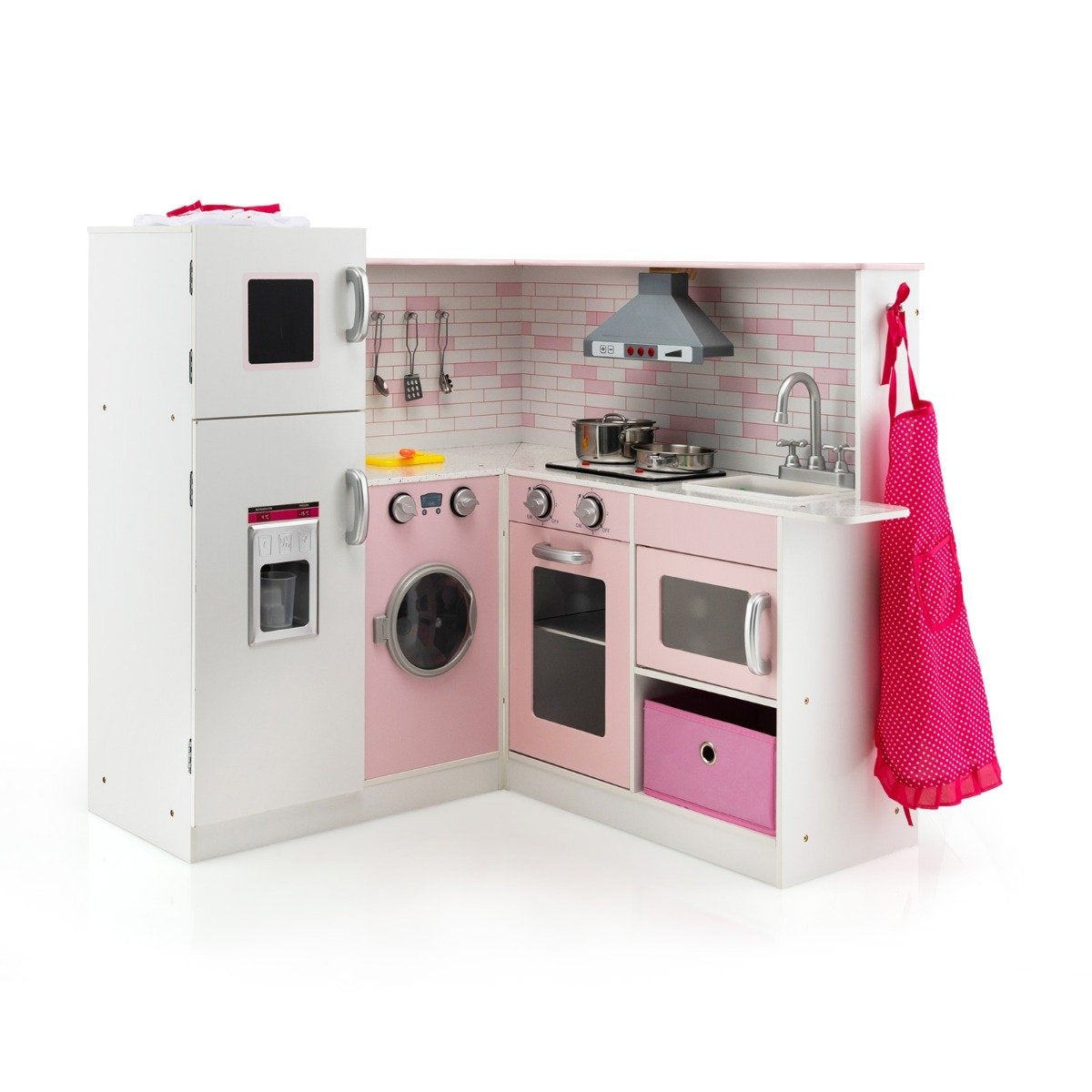Corner play kitchen with sound and light children's kitchen made of wood including apron and play accessories 85 x 84 x 85 cm white + pink