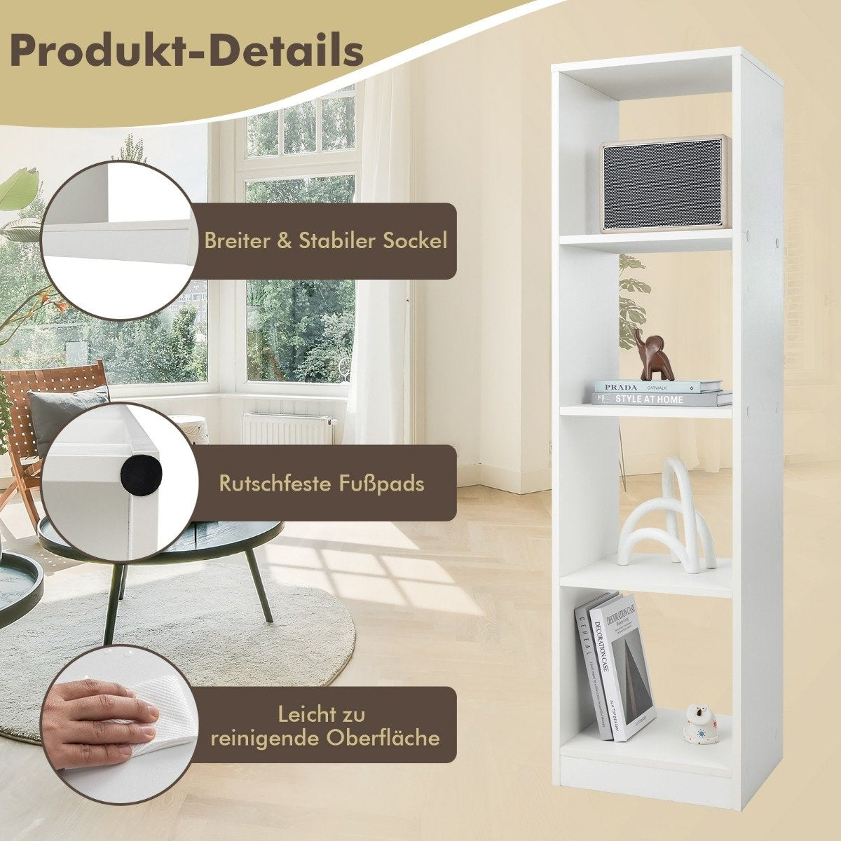 Corner shelf 142 cm Narrow bookcase 38 x 33 x 142 cm White